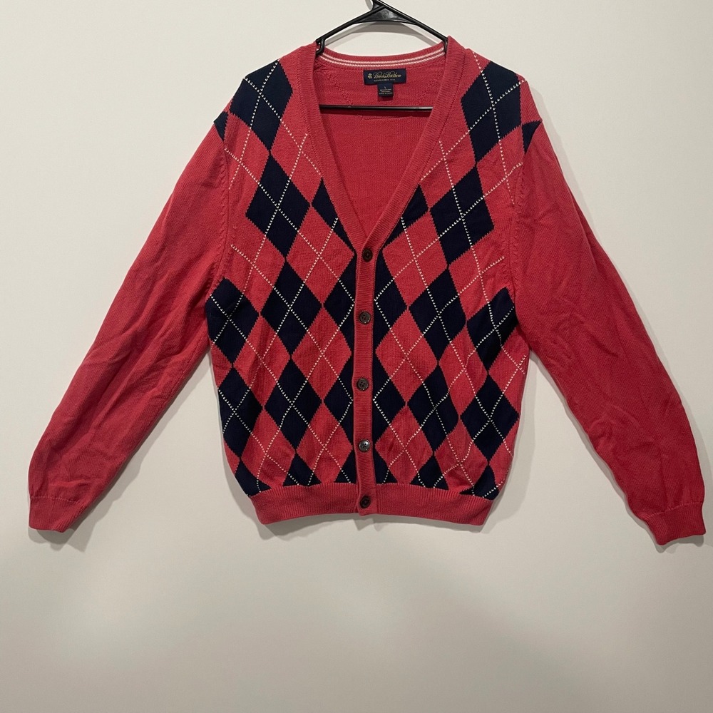 Brooks Brothers Mens Argyle Cardigan Sweater Red Navy White Classic Wool Blend L